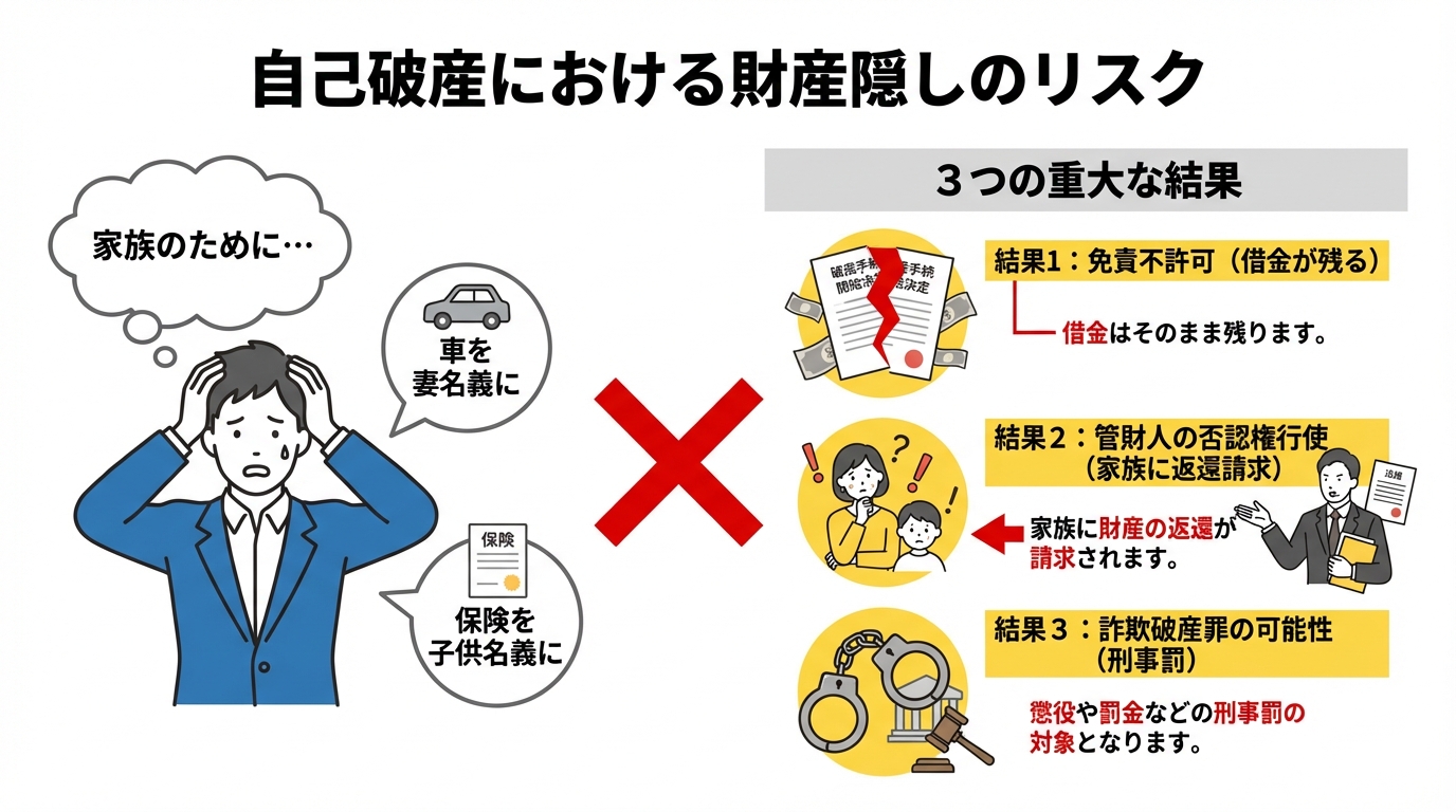 自己破産前の名義変更がもたらす3つのリスク（免責不許可、否認権行使、詐欺破産罪）を解説する図解。