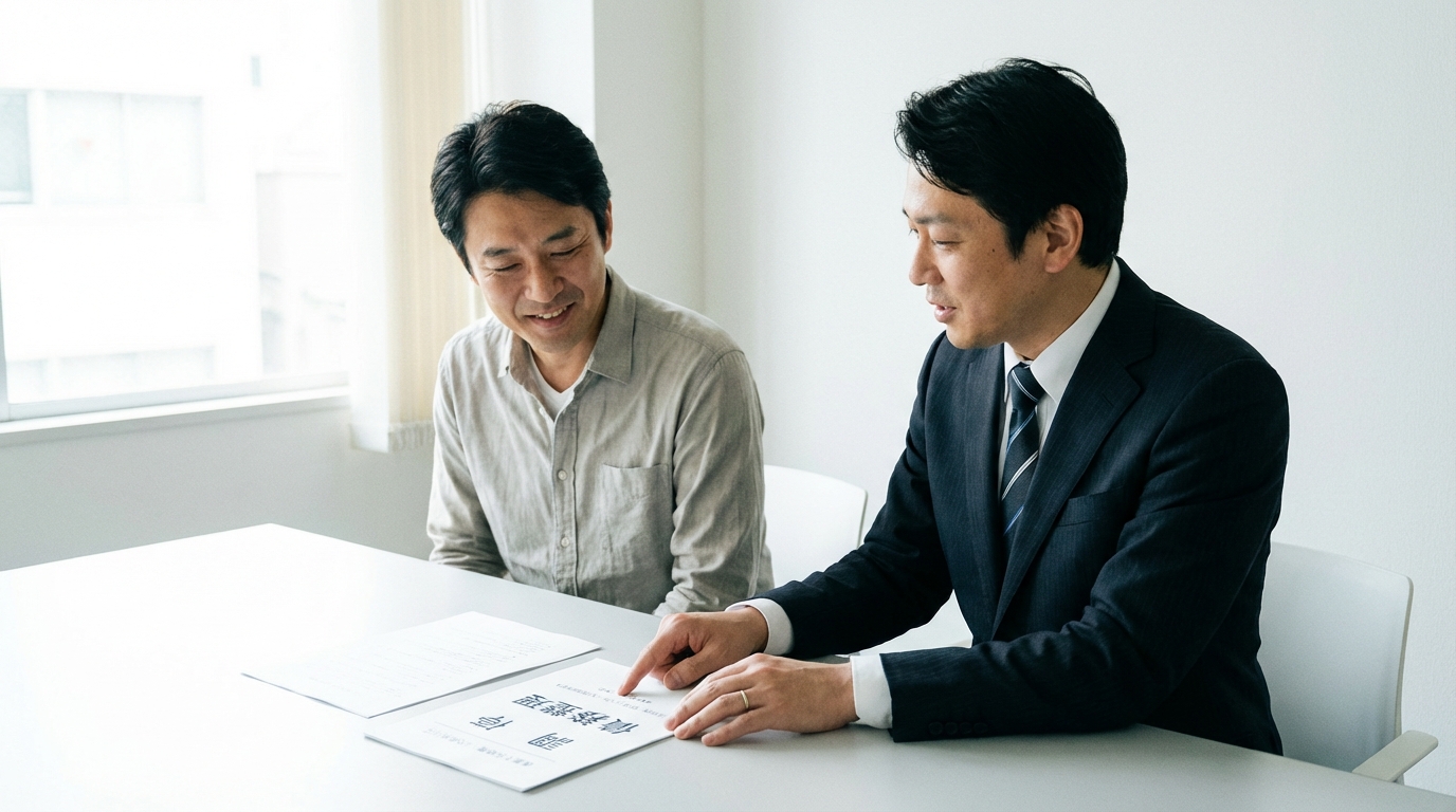 弁護士が相談者の悩みに寄り添い、債務整理の解決策を提案している様子。専門家による親身な対応をイメージさせる。