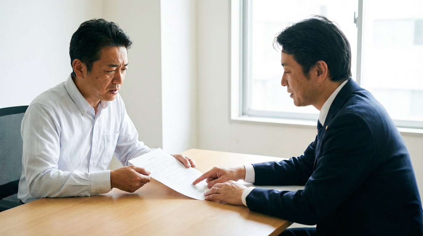 弁護士に借金の督促状について相談する男性。専門家が書類を確認し、解決策を提示している。