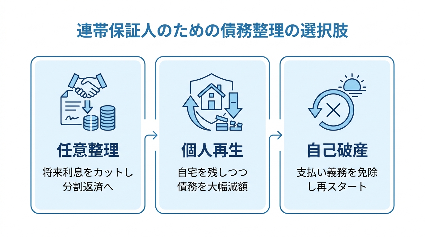 連帯保証人が選択できる3つの債務整理手続き（任意整理・個人再生・自己破産）の主な特徴を比較した図解。