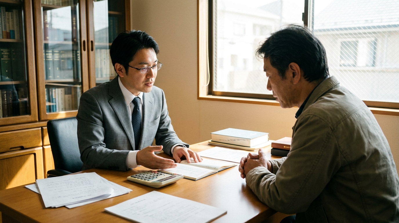 法律事務所で弁護士と相談者が家計の資料を見ながら支払い計画について話し合っている様子。