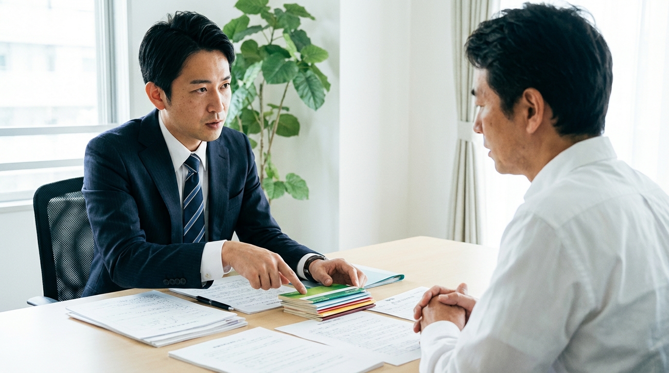 破産管財人である弁護士が、預金通帳などの資料を見ながら相談者の財産状況を詳細に確認している様子。