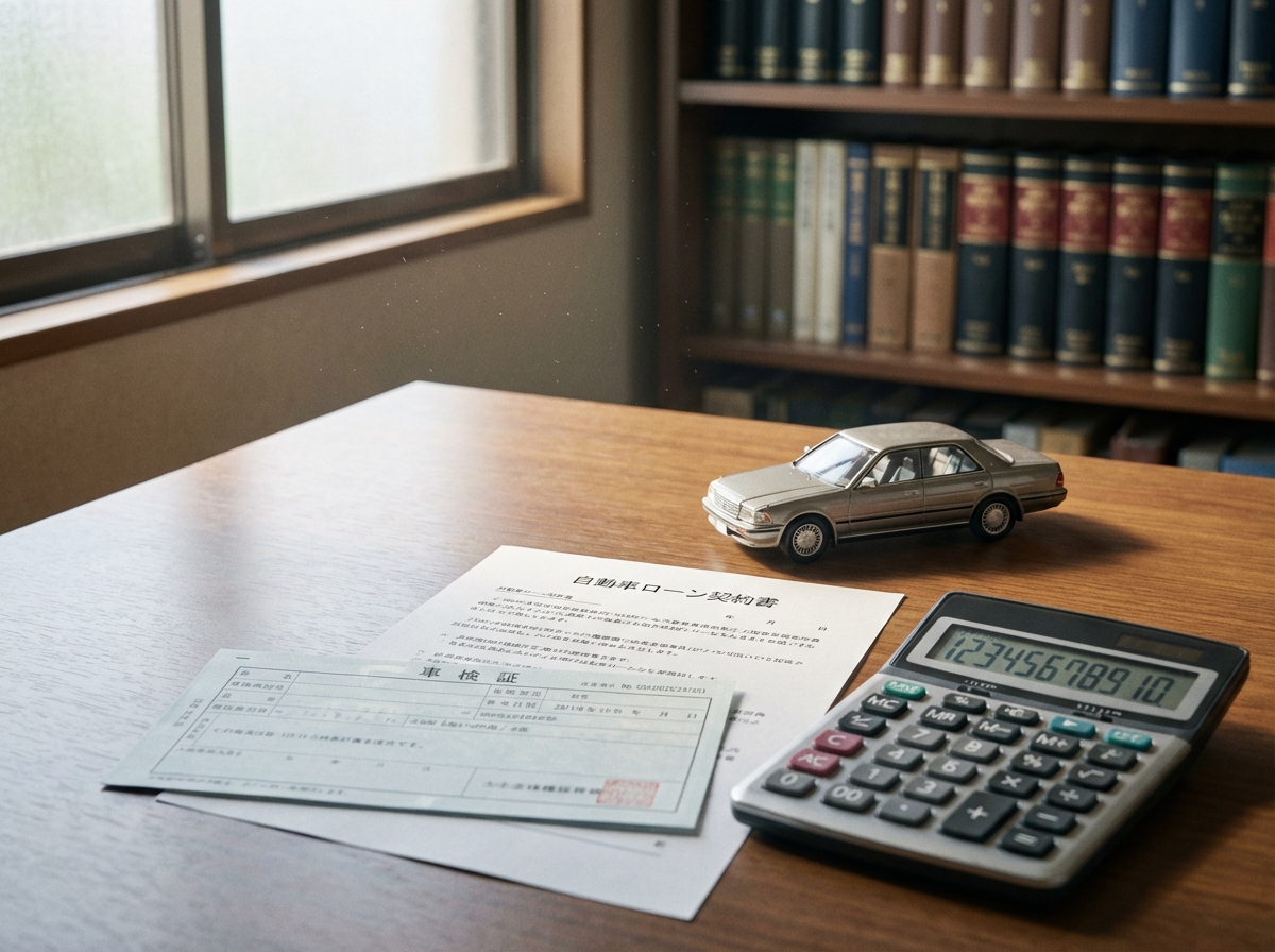 債務整理における自動車ローンの問題を象徴する画像。車検証と契約書が置かれている。