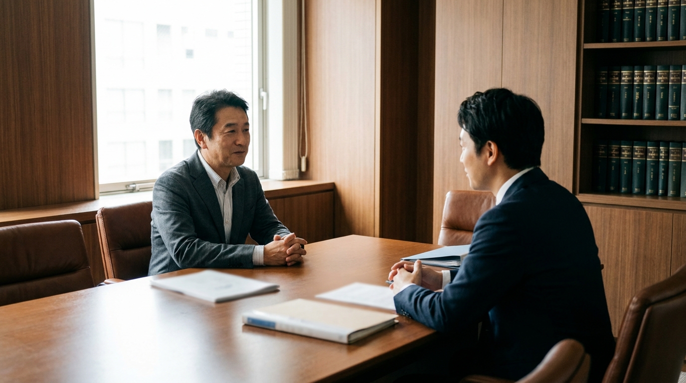 法律事務所で弁護士と相談者（クライアント）が対面で話している様子。プライバシーに配慮された安心できる相談空間を表現している。