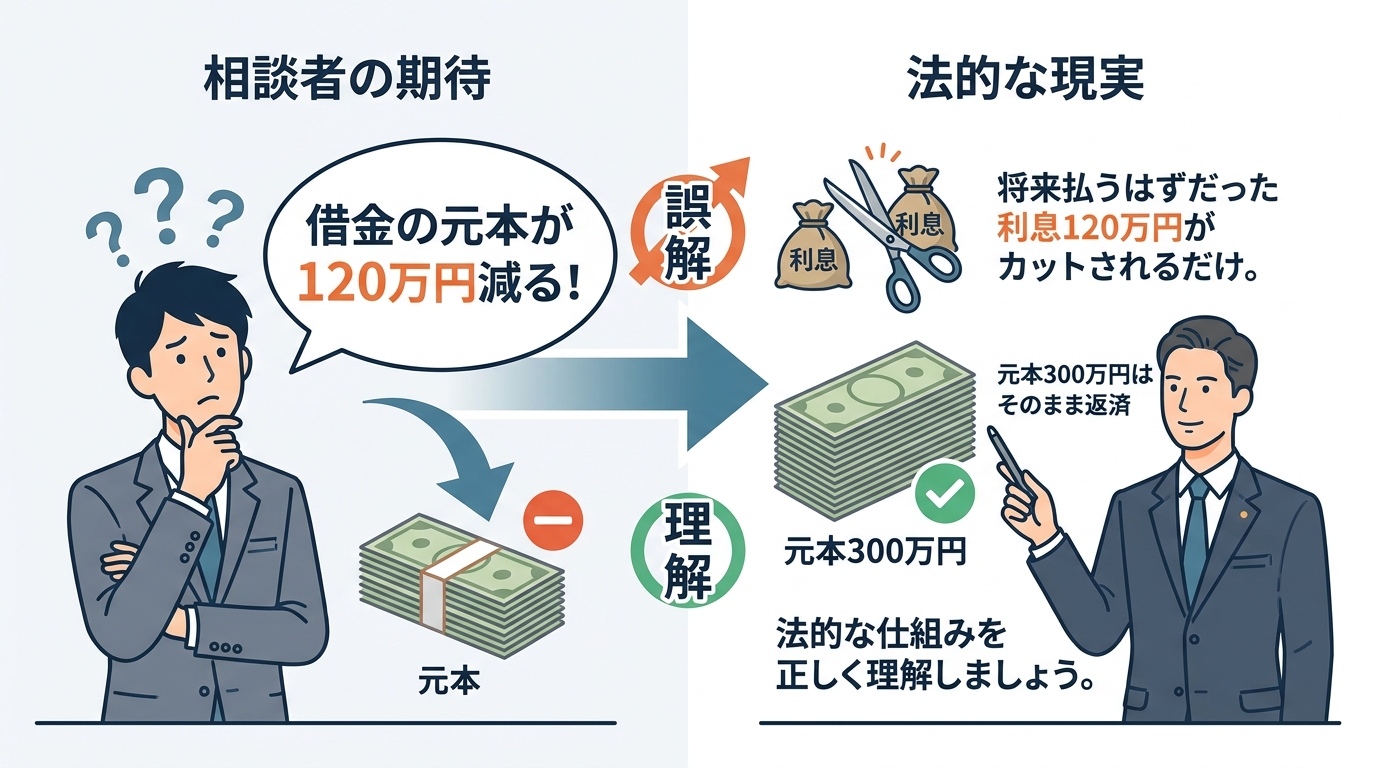 借金減額診断で表示される「減額」の意味を解説する図解。相談者が期待する元本減額と、法的な現実である将来利息のカットの違いを示している。