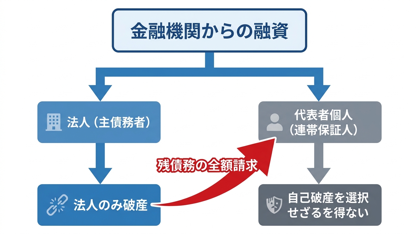 法人破産と代表者個人の連帯保証の関係図。法人のみが破産した場合、残債務が連帯保証人である代表者個人に全額請求される流れを示しています。