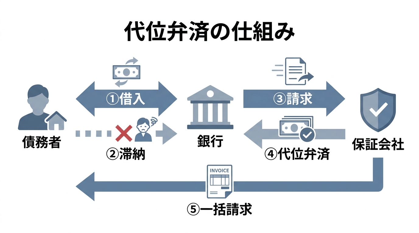 代位弁済の仕組みを図解したインフォグラフィック。債務者の滞納後、保証会社が銀行に立て替え払いし、債務者に一括請求する流れを示している。