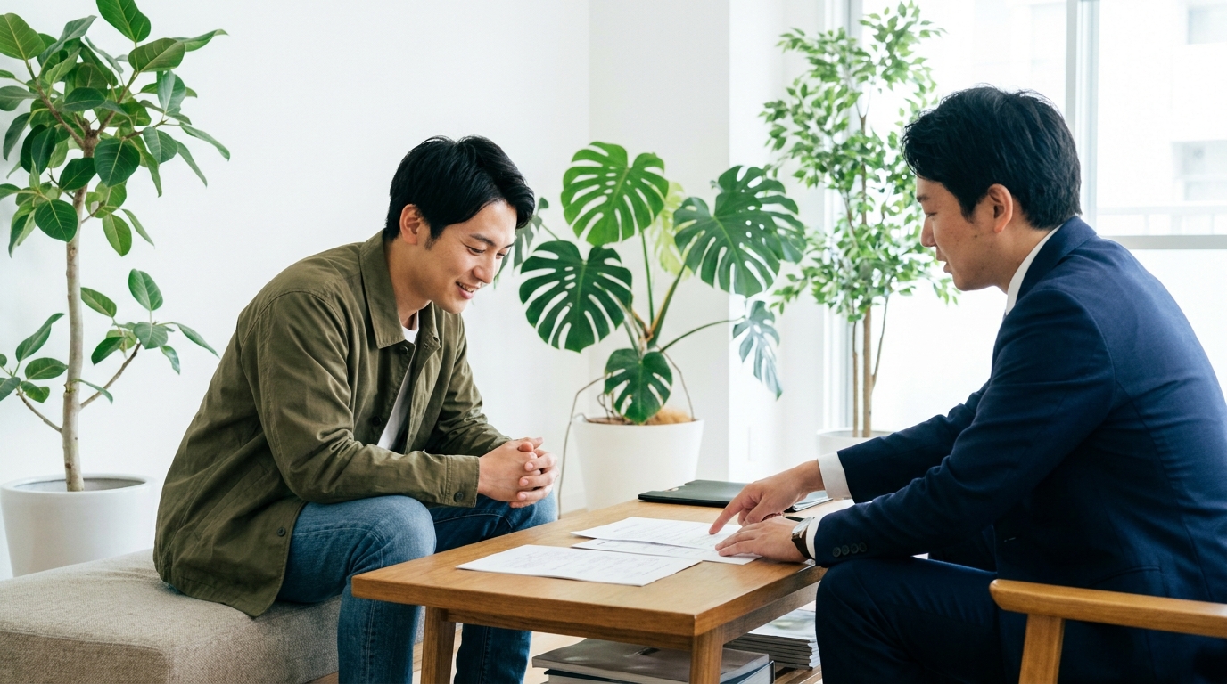 弁護士と相談し、賃貸契約への影響について説明を受けて安心する男性のイメージ。
