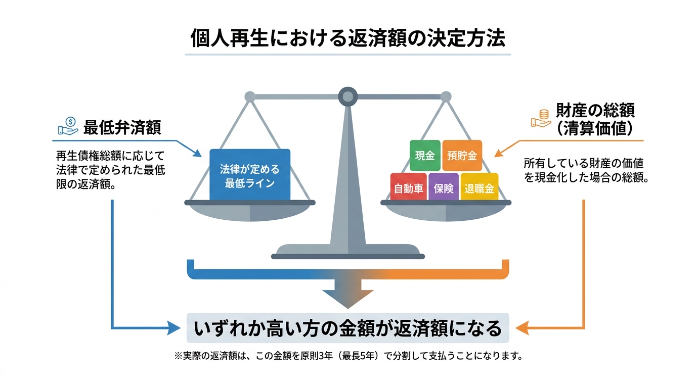 個人再生の返済額決定の仕組みを図解したインフォグラフィック。最低弁済額と財産総額（清算価値）を天秤にかけ、高い方が返済額になることを示している。