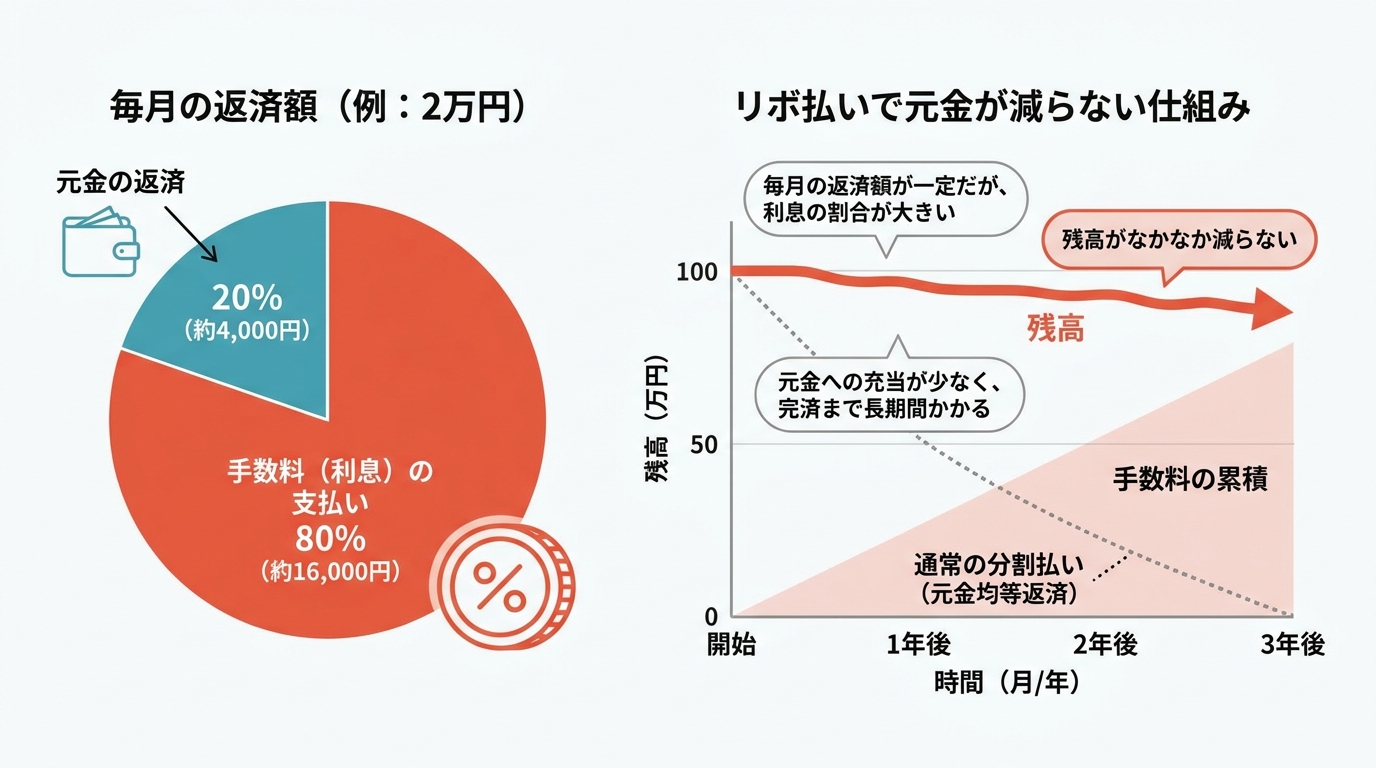 リボ払いの返済シミュレーション図解。毎月の返済額の大部分が手数料に消え、元金がほとんど減らない構造を示している。
