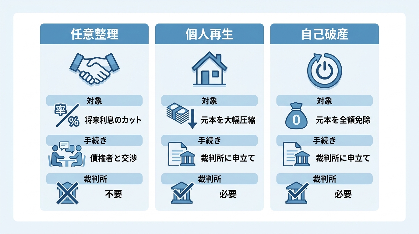 任意整理・個人再生・自己破産の3つの債務整理方法の比較図。減額対象、手続き、裁判所の要否の違いを分かりやすく解説。