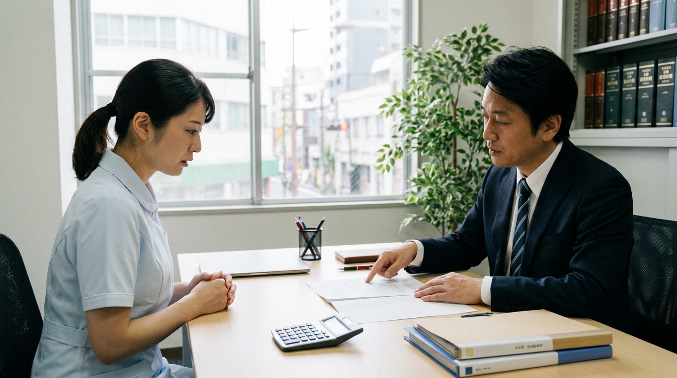 法律事務所で弁護士に自己破産の相談をする看護師。書類を見ながら説明を受け、不安が和らいでいる様子。