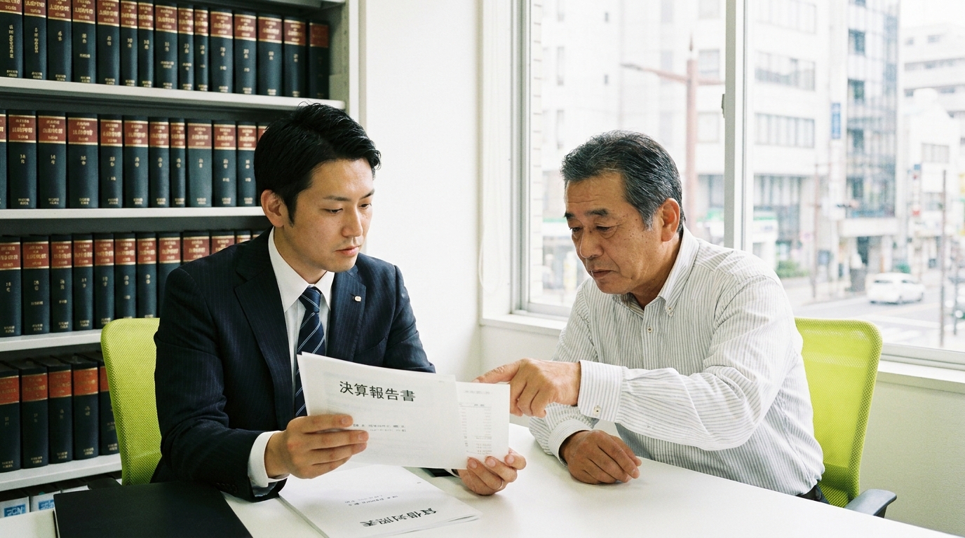 法律事務所で弁護士に法人破産の相談をする元経営者。決算書などの資料を前に、専門家が真摯に対応している様子。