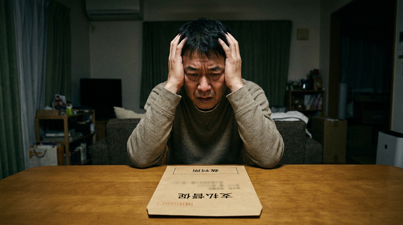 裁判所からの支払督促の通知を見て頭を抱える男性。代位弁済通知書を放置した結果、法的手続きに移行した深刻な状況を象徴している。