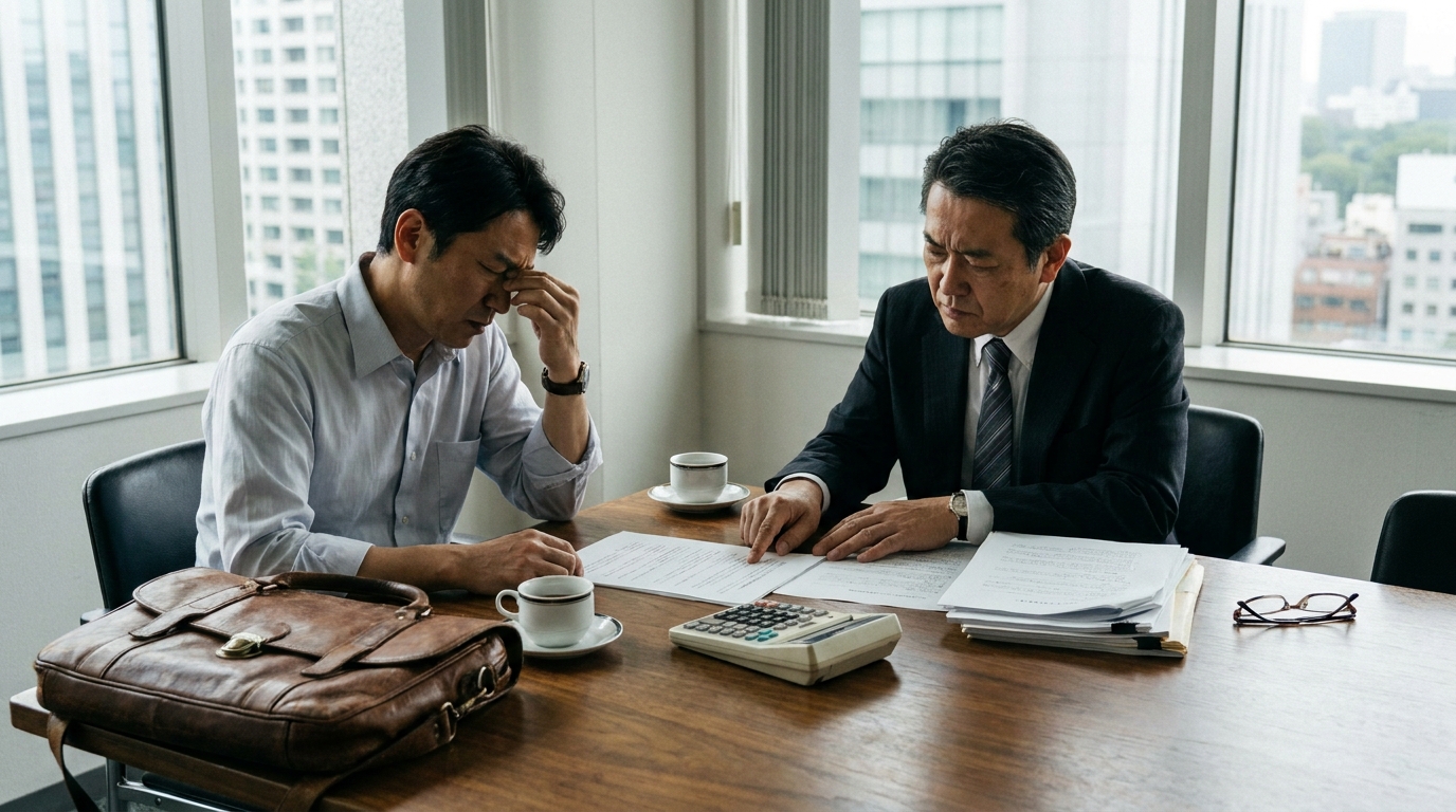 法律事務所で弁護士と相談者が厳しい表情で書類を確認している。カード会社の和解条件が厳格化していることを象徴する画像。