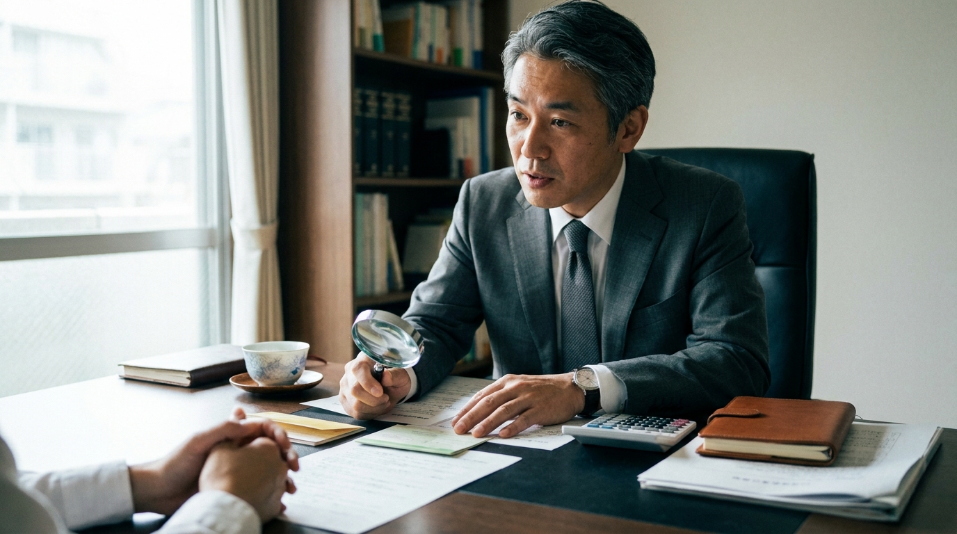 弁護士が相談者の持参した資料を確認しながら、自己破産の見通しについて説明している相談風景。