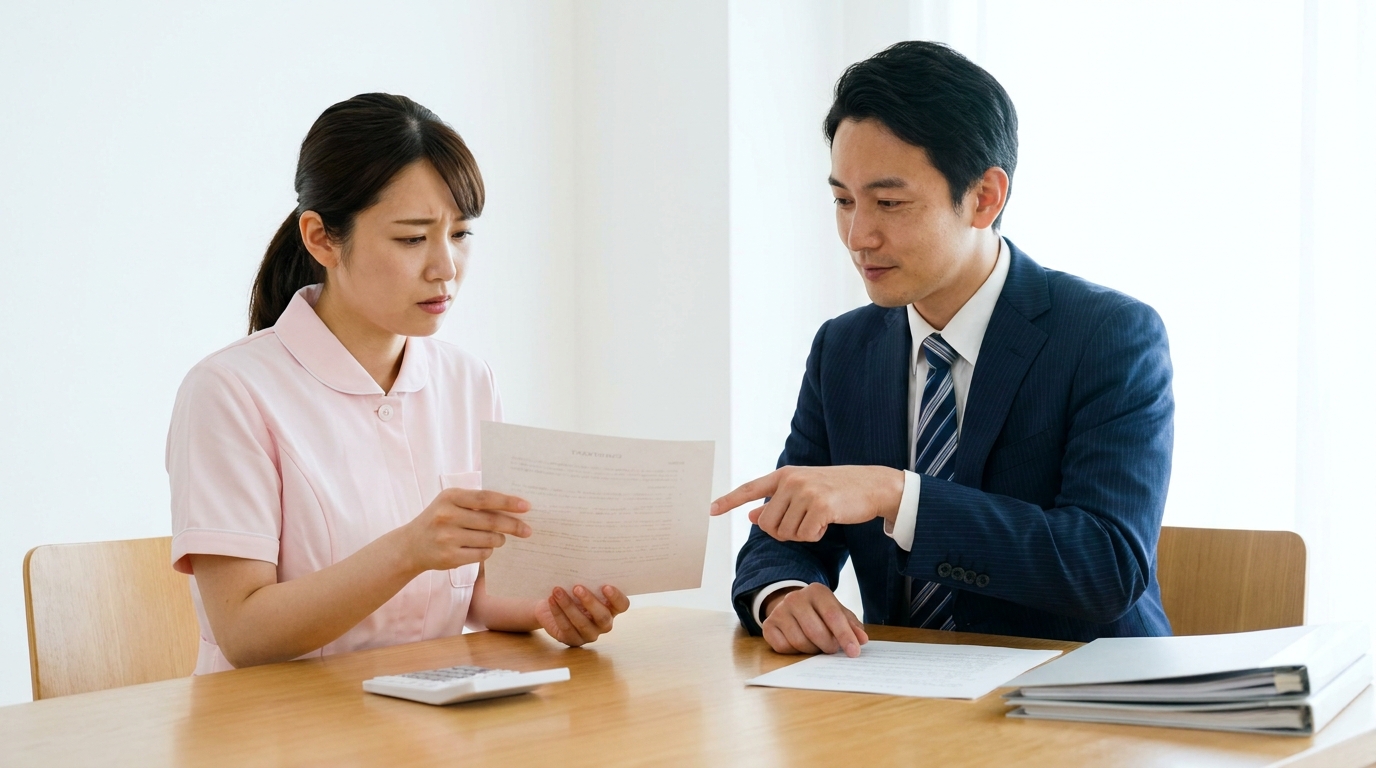 法律事務所で奨学金の契約書について弁護士に相談する看護師。法的な解決策について説明を受けている様子。