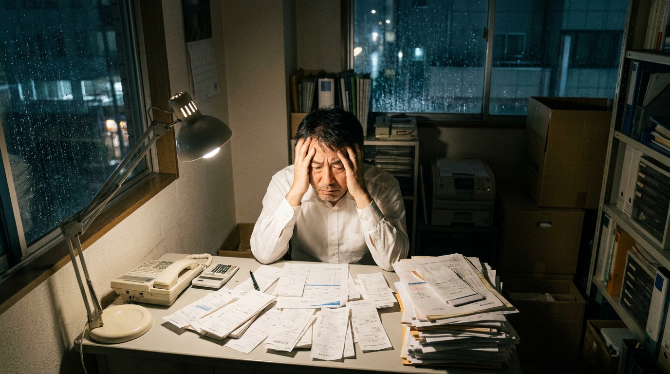 売掛金が回収できず、請求書の山を前に頭を抱える自営業者の男性。自転車操業の危険性を象徴している。