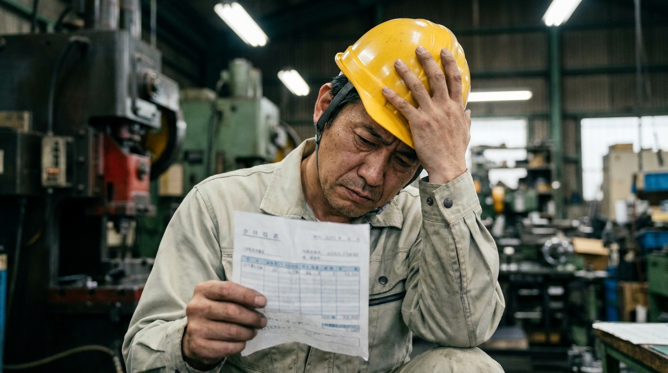製造業の工場で給与明細を見て頭を抱える男性。収入変動による家計の悩みを象徴している。