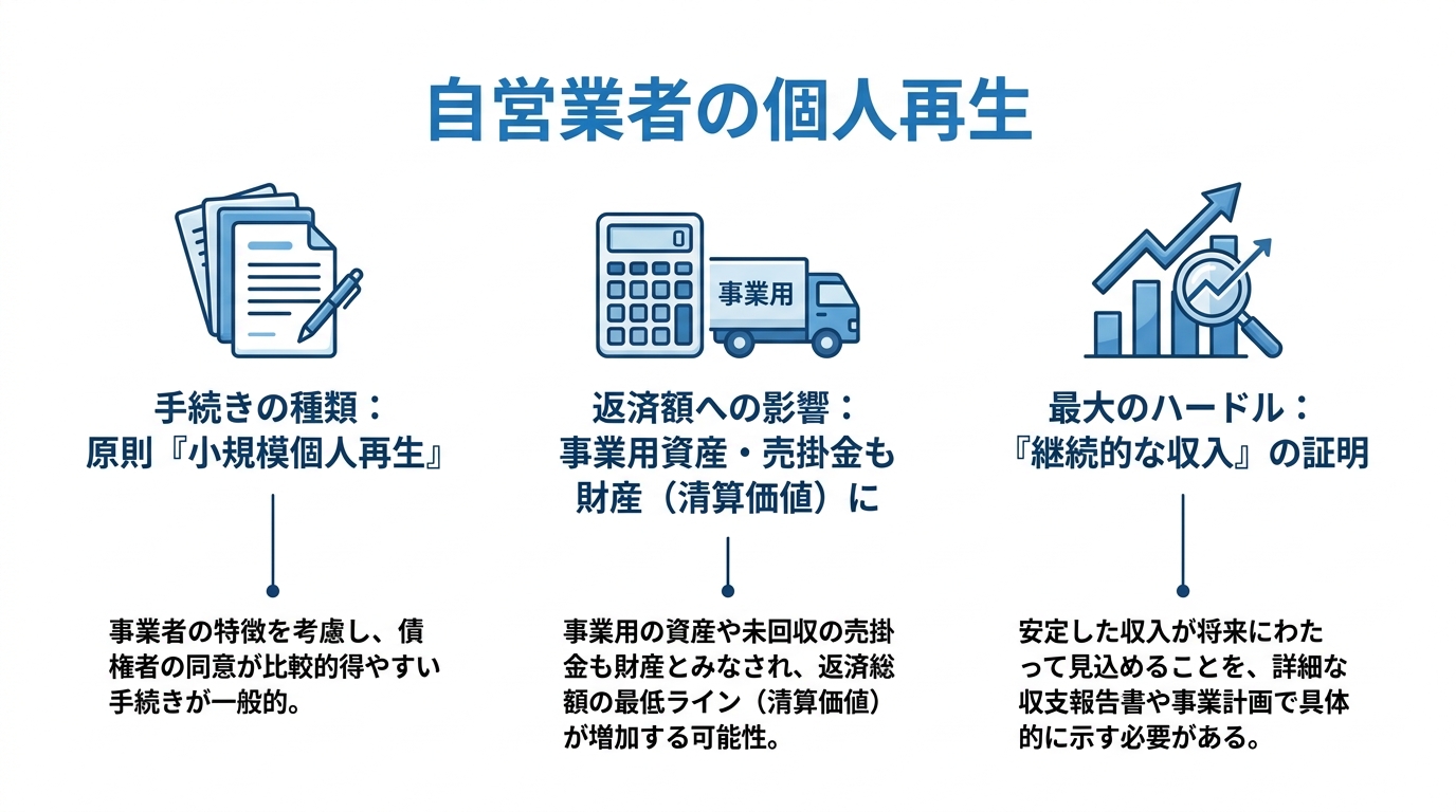 自営業者の個人再生における3つの重要事実を図解で解説。手続きは小規模個人再生、返済額には事業用資産も影響、最大のハードルは継続的収入の証明であることを示している。