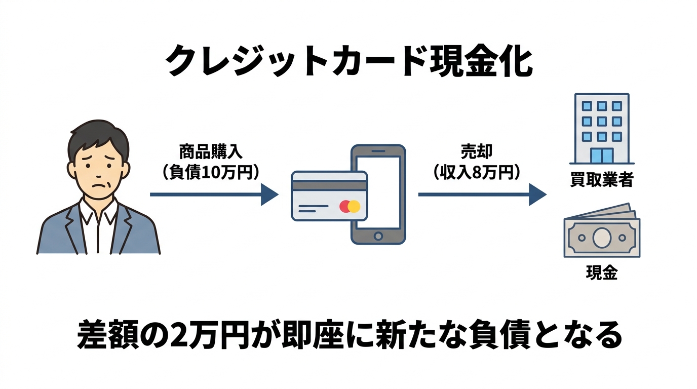 クレジットカード現金化の仕組みを図解。商品購入による負債と、業者への売却による収入の差額が、新たな負債となることを示している。