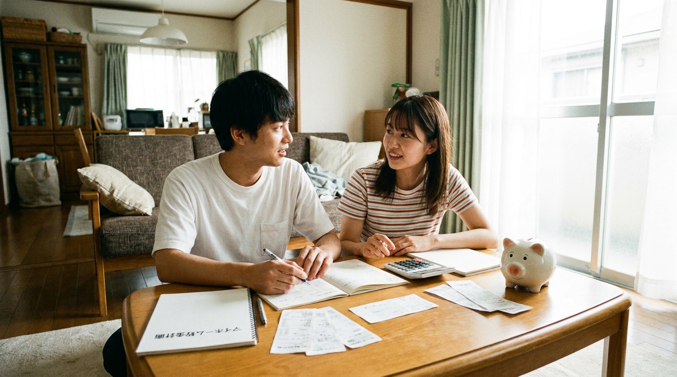 将来の住宅ローン頭金を貯めるために、夫婦で計画的に貯蓄をしている様子。