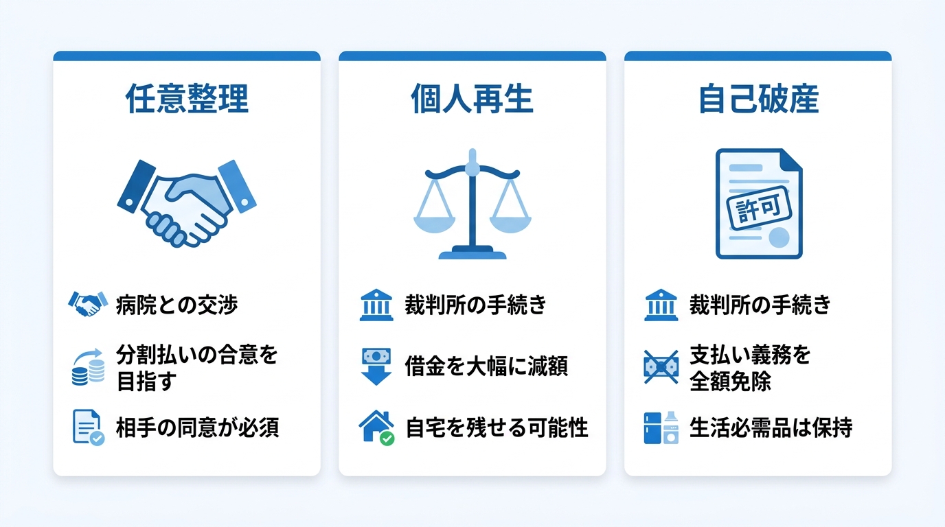 看護師の奨学金問題を解決する債務整理の3つの方法「任意整理」「個人再生」「自己破産」のそれぞれの特徴を比較した図解。