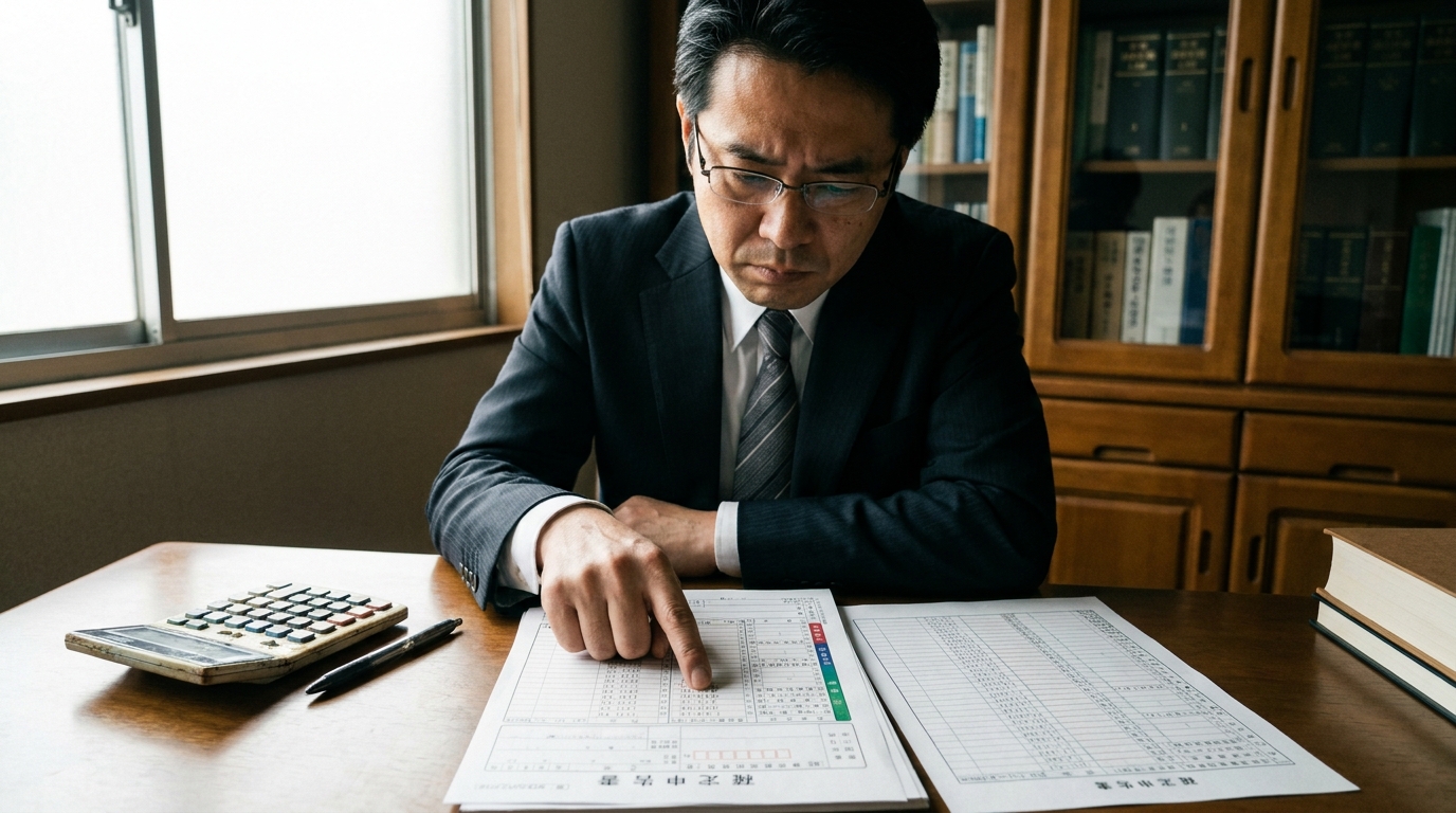 法律事務所で自営業者の確定申告書を精査する弁護士。個人再生における収入要件の厳格な審査を象徴している。