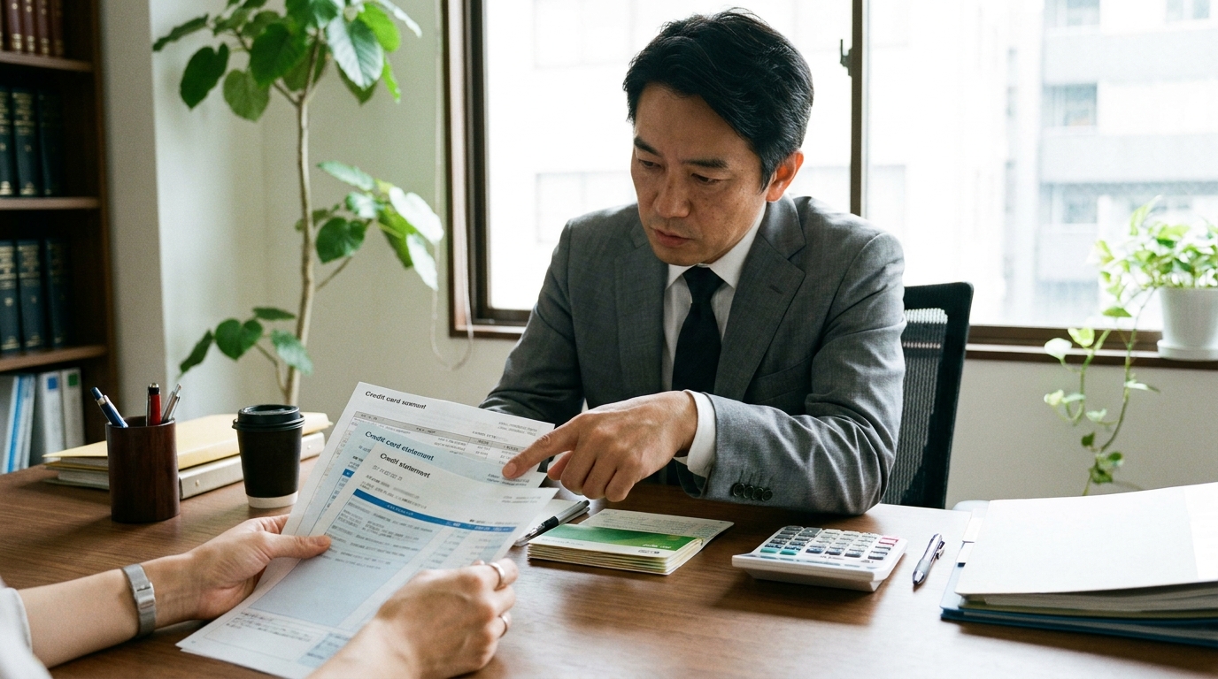 弁護士が破産管財人としてクレジットカードの利用明細と銀行通帳を照合し、現金化の事実を調査している様子のイメージ写真。