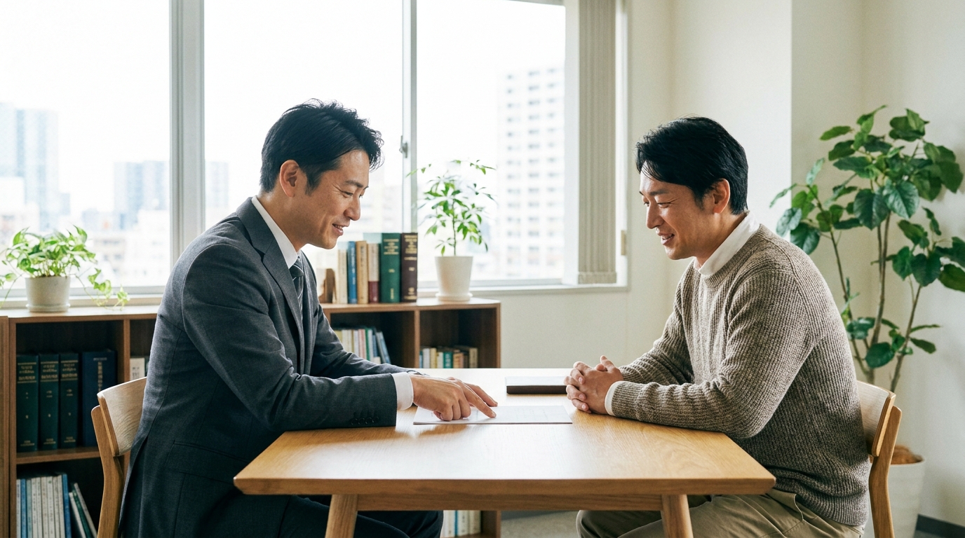 小倉の法律事務所で、弁護士から説明を受け、少し安心した表情を浮かべる相談者。