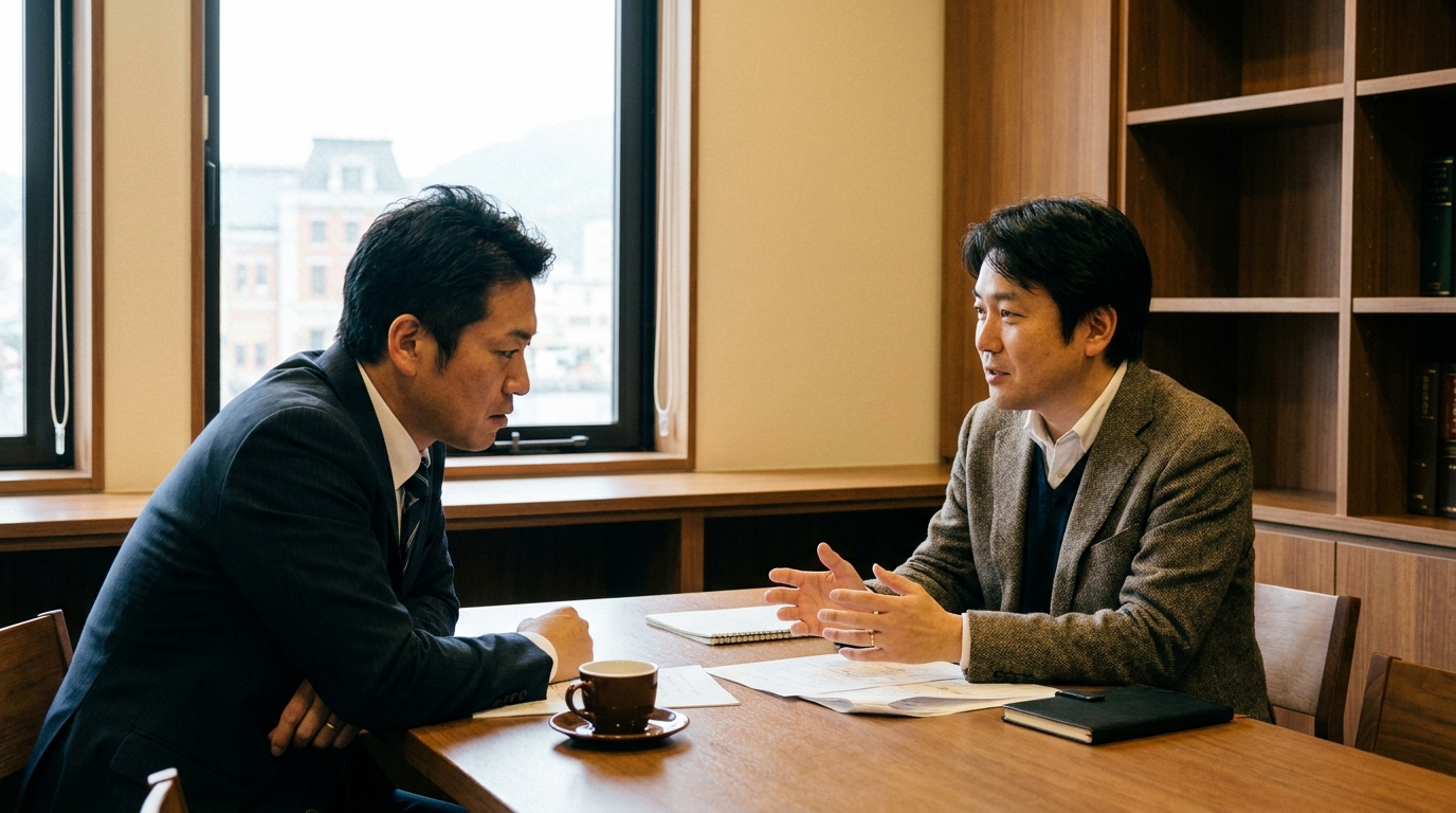 北九州市の法律事務所で、弁護士と相談者が対面で借金問題について真剣に相談している。
