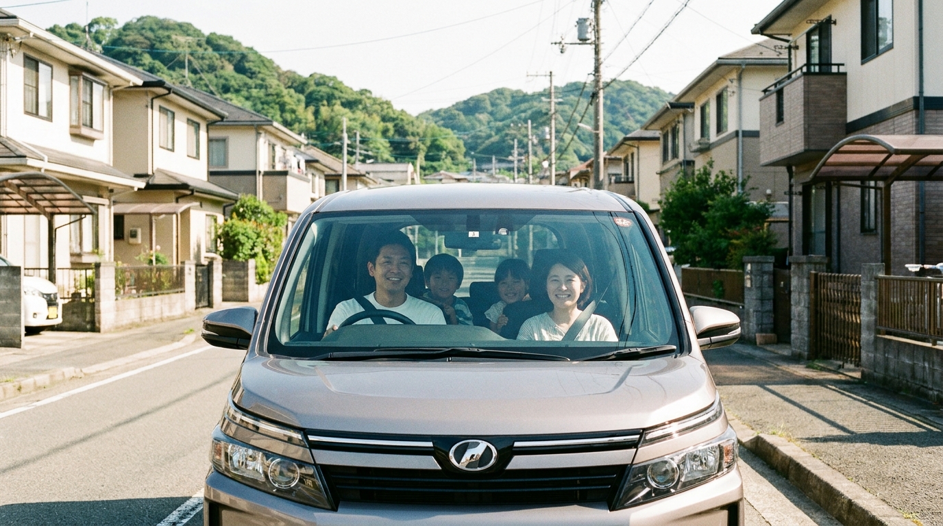 小倉南区の住宅街を走る車。車を残して債務整理をする方法を解説する記事のイメージ画像。