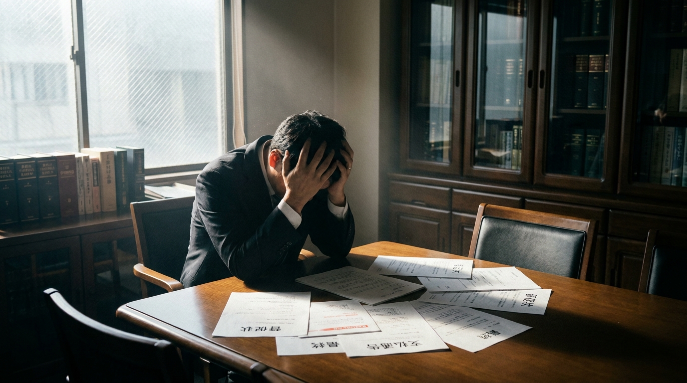 他の法律事務所で自己破産を断られ、督促状の前で頭を抱える男性。