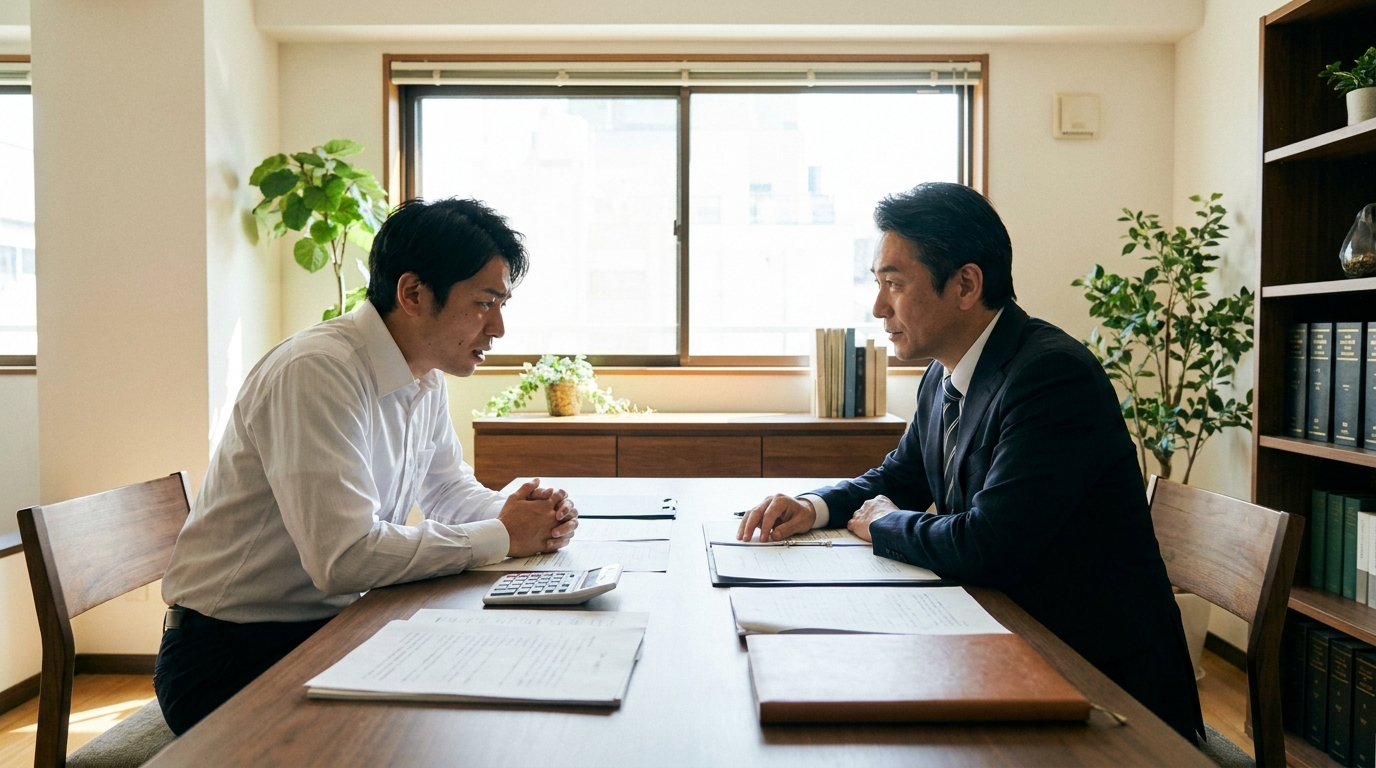 親の借金について弁護士に相続放棄の相談をしている男性の様子