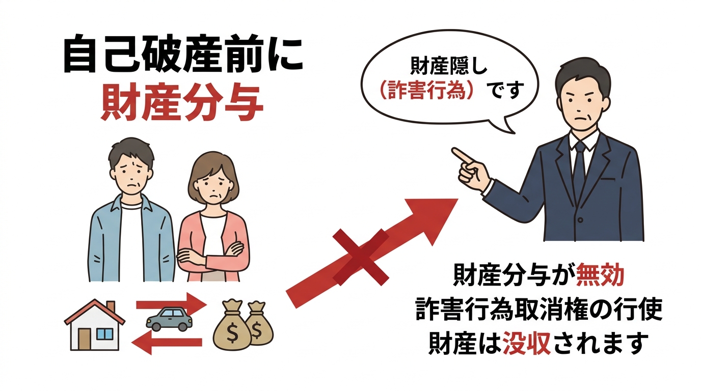 自己破産直前の財産分与が「財産隠し(詐害行為)」とみなされ、破産管財人によって取り消されるリスクを示した図解。