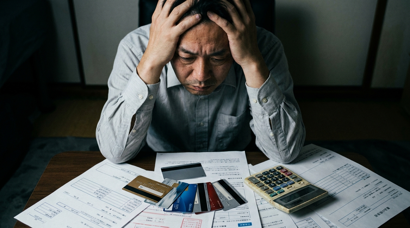 複数のクレジットカードと請求書を前に、借金問題で頭を抱える男性のイメージ写真。