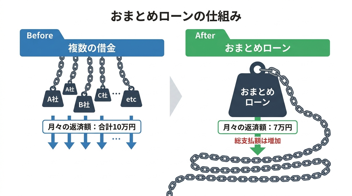 おまとめローンの仕組みを図解したインフォグラフィック。複数の借金が一本化され月々の返済額は減るが、返済期間が延びて総支払額は増えるという構造を示している。