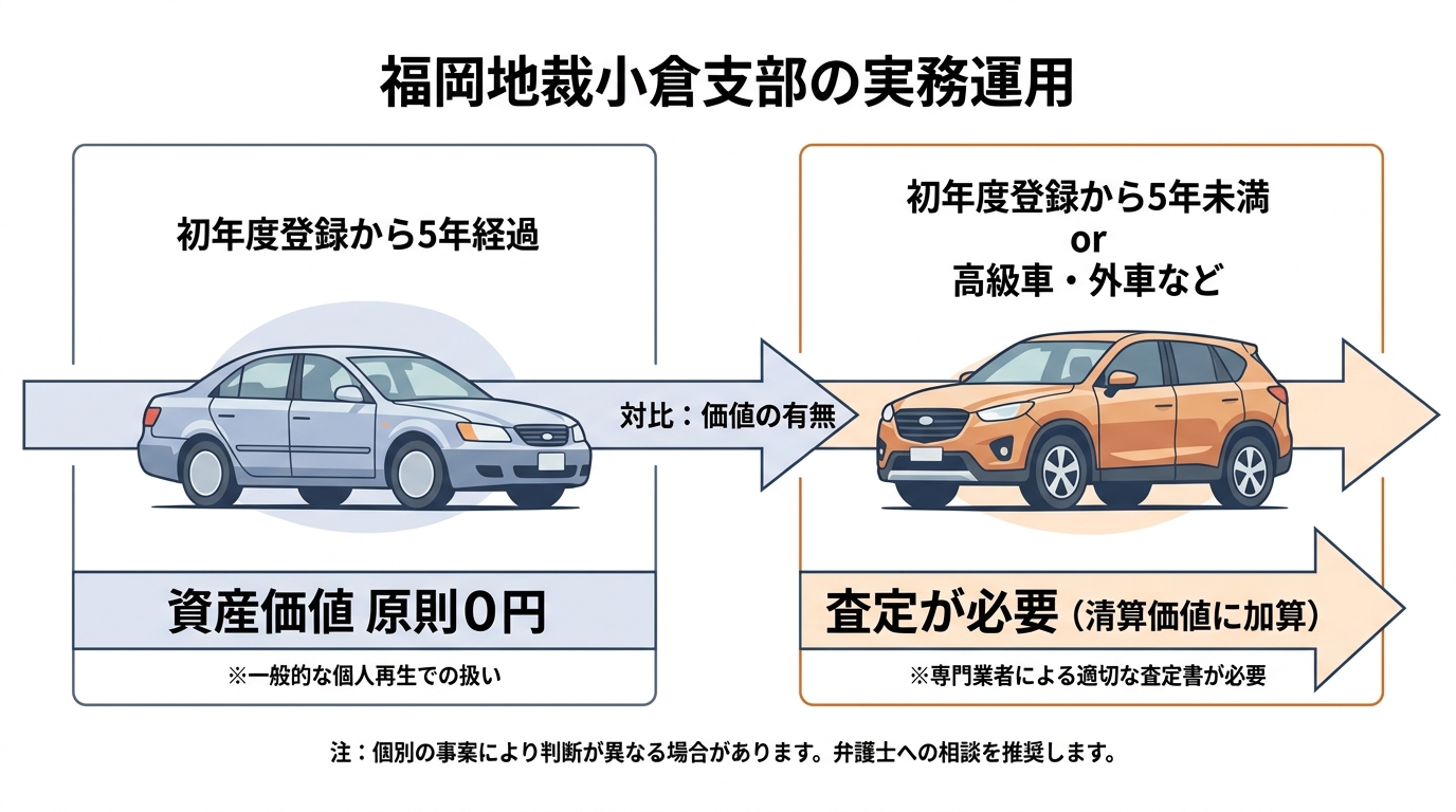 個人再生における車の清算価値の計算方法を図解。福岡地裁小倉支部では初年度登録から5年経過した国産普通車は原則価値ゼロとして扱われることを示している。
