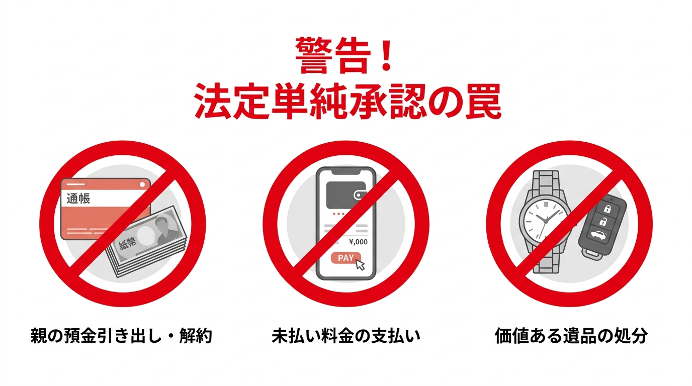 相続放棄ができなくなる法定単純承認の具体例を図解。「預金の引き出し」「財産からの支払い」「価値ある遺品の処分」の3つの危険な行為。