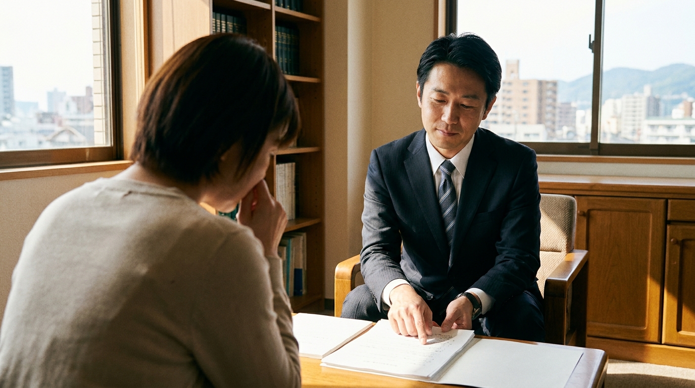 北九州の法律事務所で、借金と離婚の問題について弁護士に相談する女性の様子。