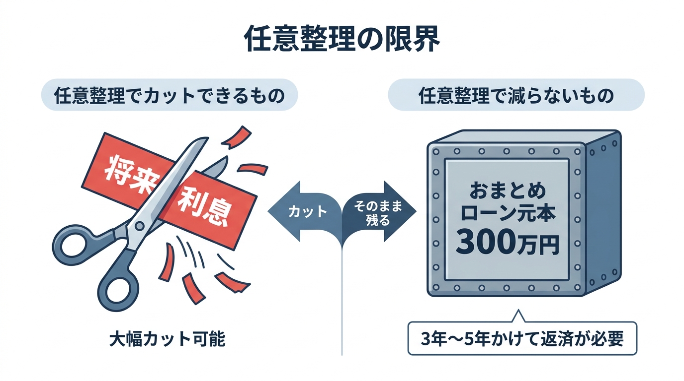 任意整理の効果と限界を示した図解。将来利息はカットできるが、おまとめローンの元本は減らないという事実を視覚的に表現している。