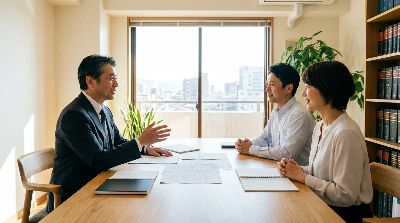 法律事務所で弁護士に借金問題の相談をし、安心した表情を浮かべる相談者。