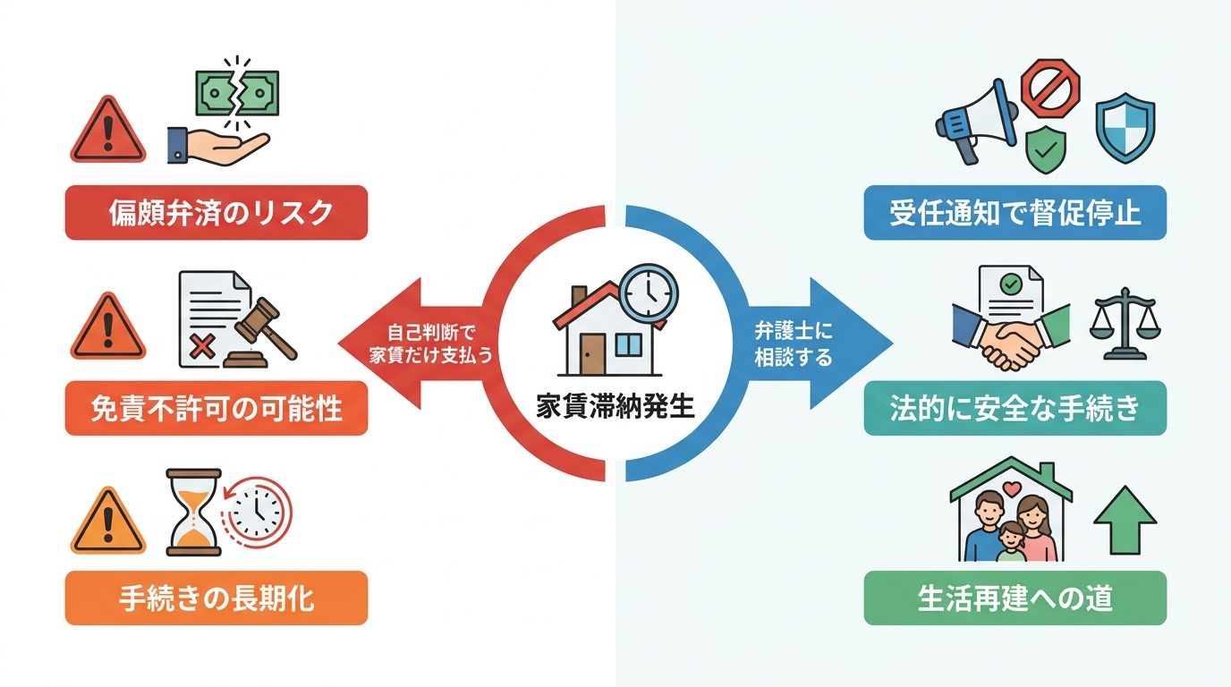 家賃滞納が発生した際の選択肢とリスクを図解で解説。自己判断で支払うと偏頗弁済のリスクがある一方、弁護士に相談することで安全に生活再建を目指せることを示しています。