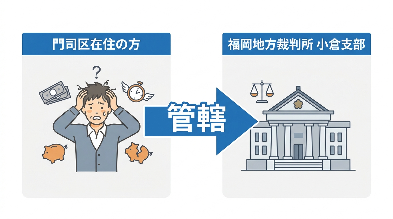 門司区の債務整理の管轄裁判所が福岡地裁小倉支部であることを示す図解。