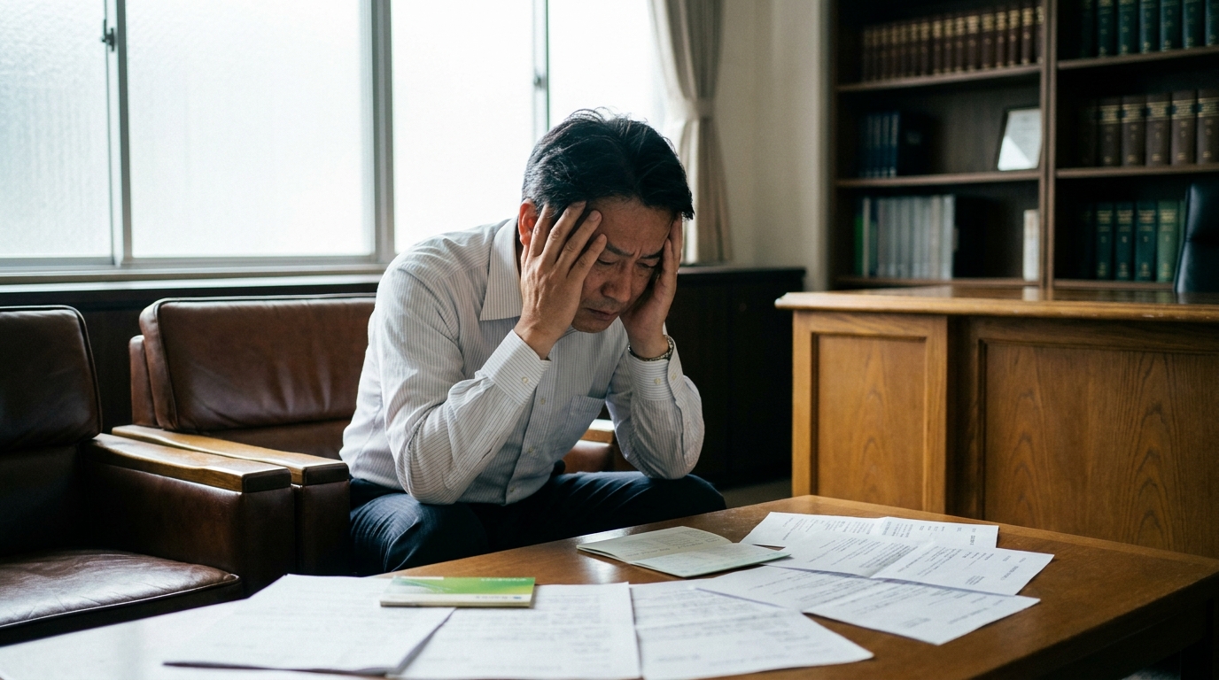 債務整理について悩む男性。友人や親族からの借金を隠すべきか葛藤している様子。