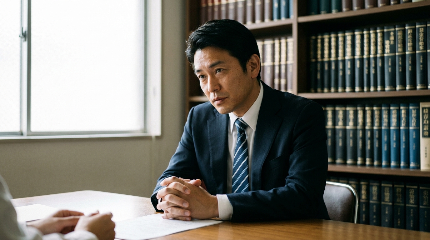 法律事務所で相談者の話に耳を傾ける弁護士。家賃滞納や債務整理の悩みを専門家が真摯に受け止める様子を表現しています。