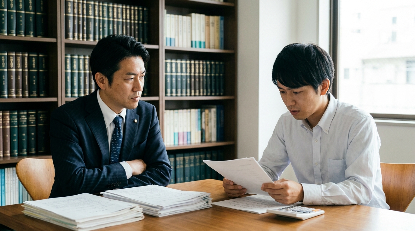 弁護士が相談者の家計状況をヒアリングし、債務整理の方針を検討している様子。