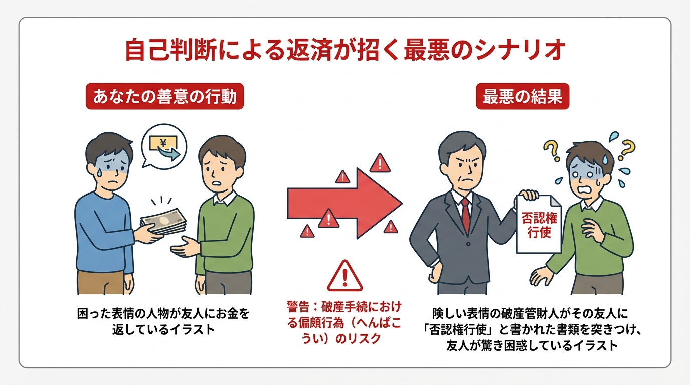 偏頗弁済のリスクを図解。友人への善意の返済が、管財人による否認権行使につながり、かえって友人に迷惑をかける流れを示している。