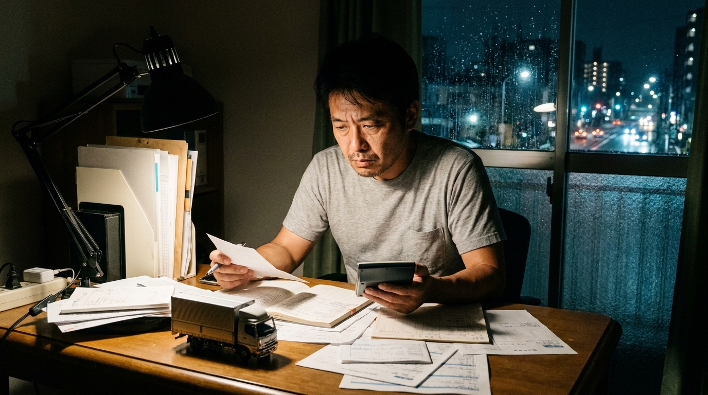 歩合給の給与明細を見ながら、電卓で計算し頭を悩ませるトラック運転手の男性。収入の不安定さと返済計画の難しさを示唆している。