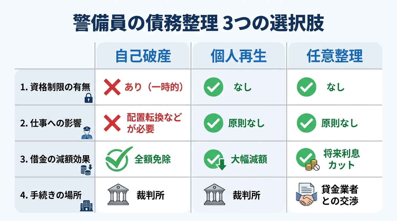 警備員のための債務整理手続き比較表。自己破産、個人再生、任意整理の資格制限の有無、仕事への影響、借金の減額効果を比較。